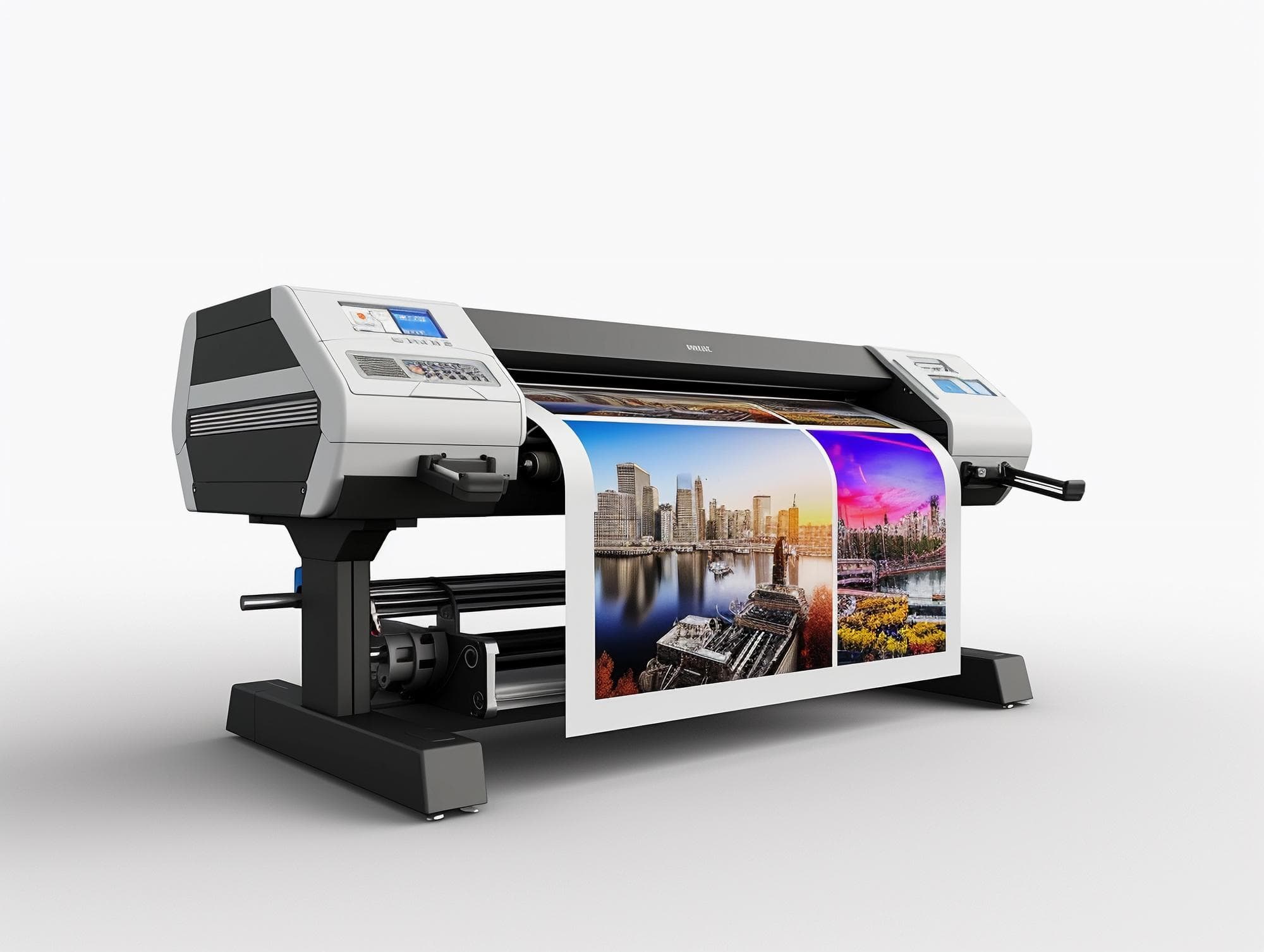 Large-format printer producing a colourful city poster