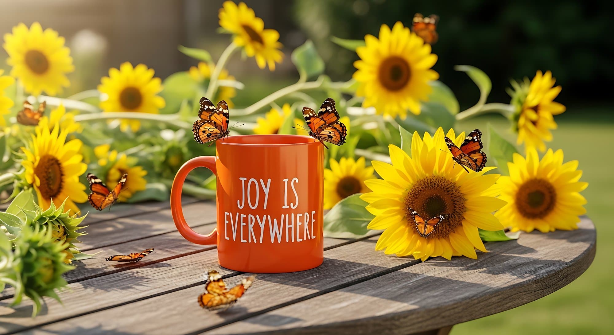 Custom printed orange mug on a garden table